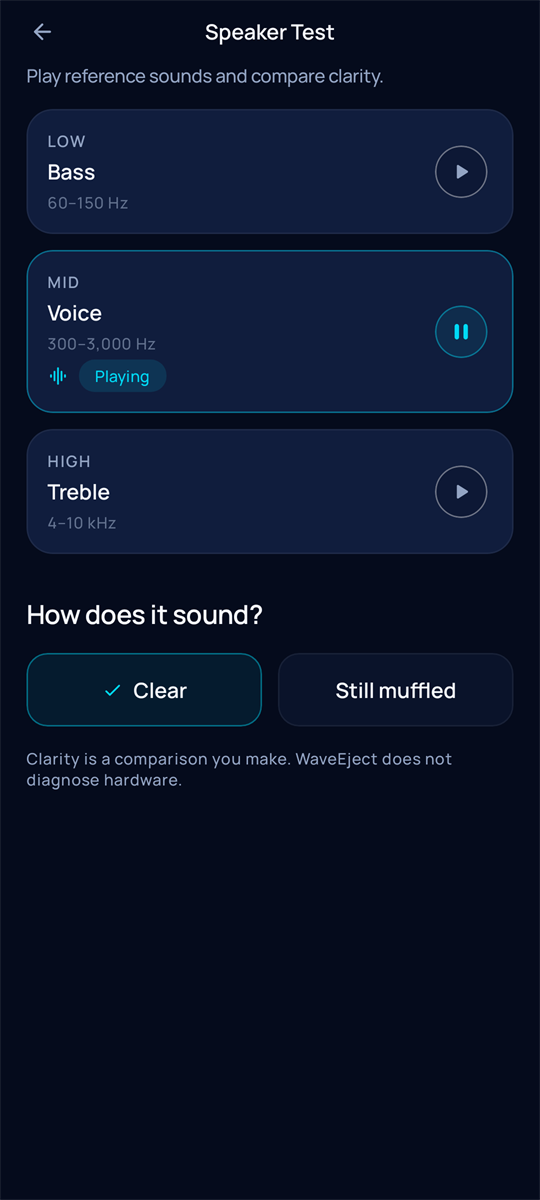 WaveEject Speaker Test screen
